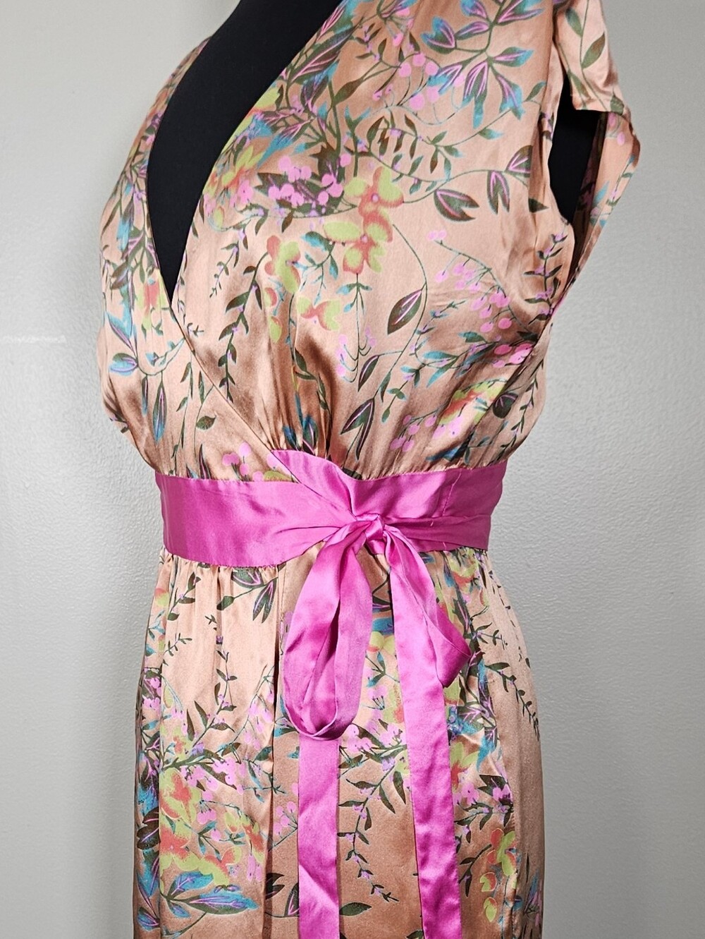 True Y2K Hype Silk Botanical Floral Boho Print Dress Front Wrap Waist Tie 8 - Picture 2 of 7